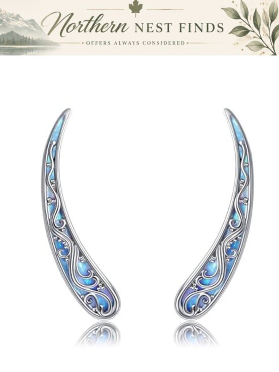 Jewelry - Filigree Ear Crawler Earrings Sterling Silver Created Blue Opal Vintage Jewelry